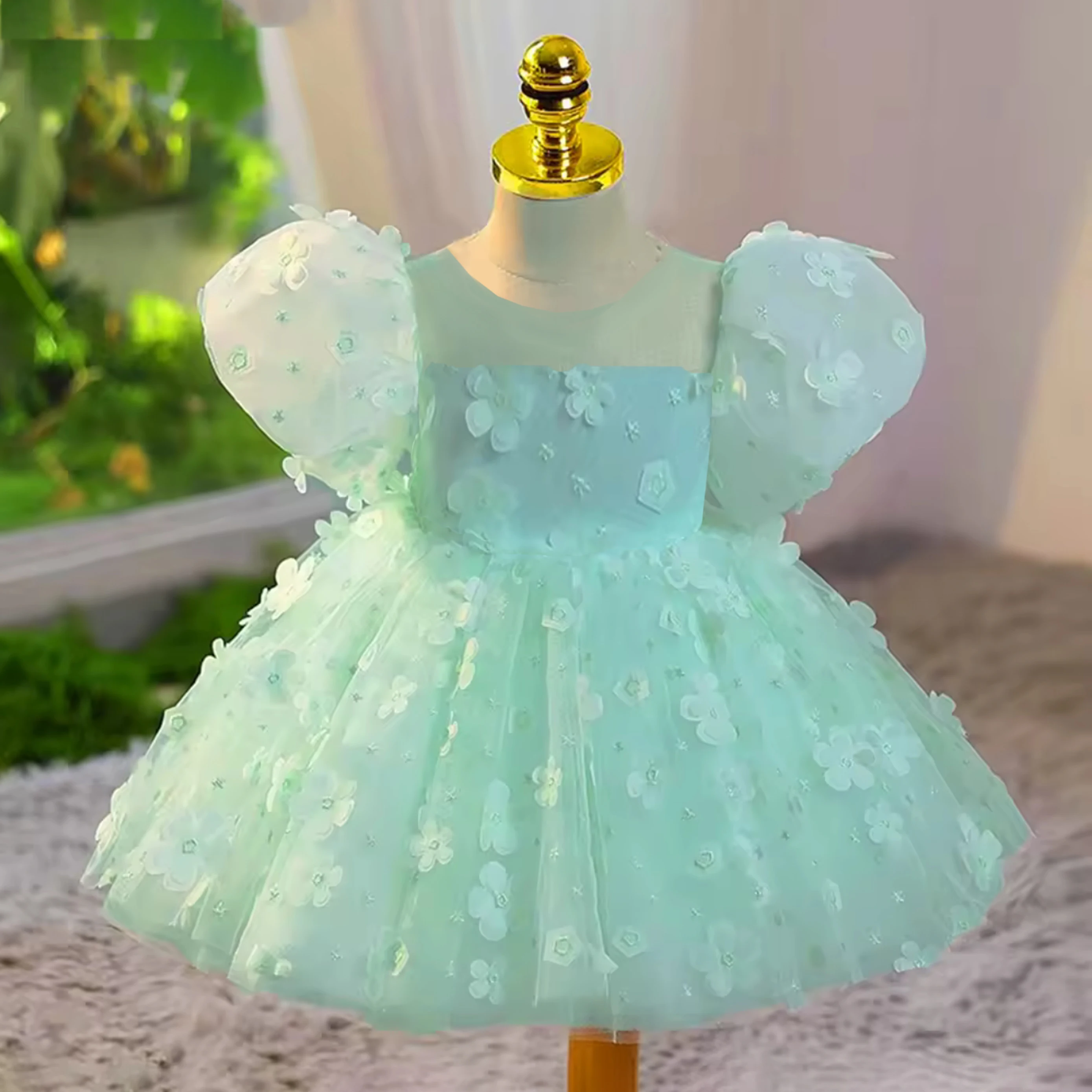 Toddler Baby Flower Party Dress Puff Sleeve Floral Baptism Wedding 1st Birthday Bow Lace Princess Dress for Baby Girls Prom Gown