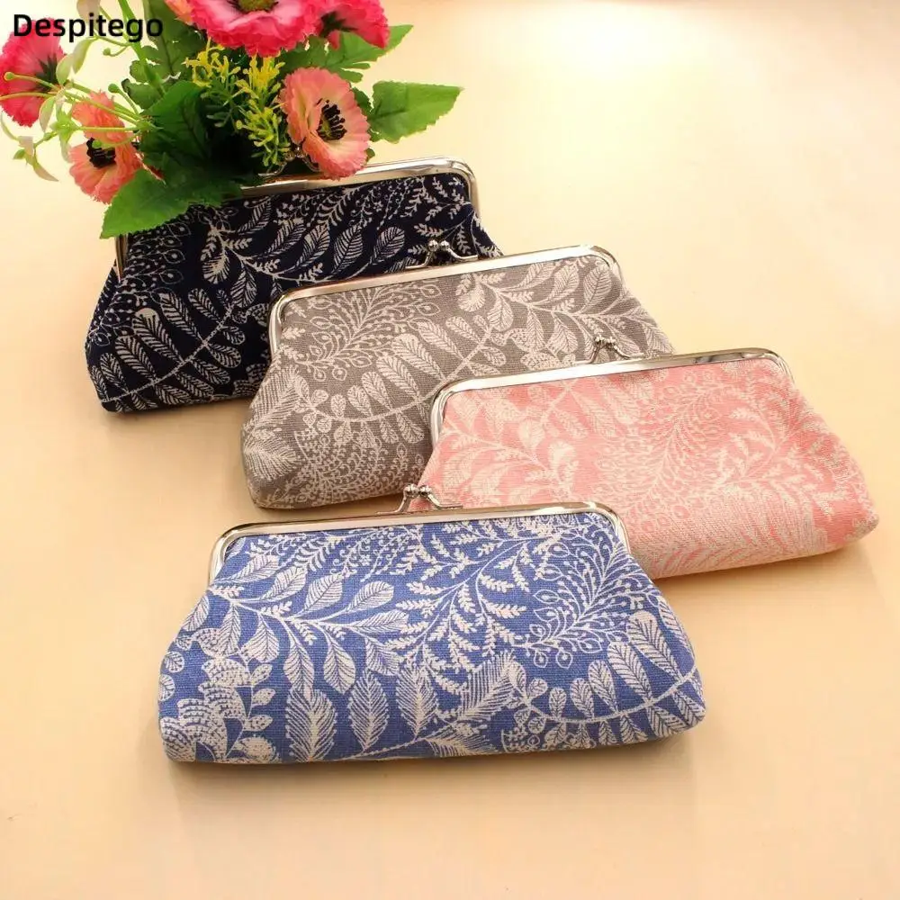 

Leaf Coin Purse Long Purse Bag Clutch Lipstick Bag Canvas Card Holder Money Bag Storage Bag Kiss Clasp Lock Handbag