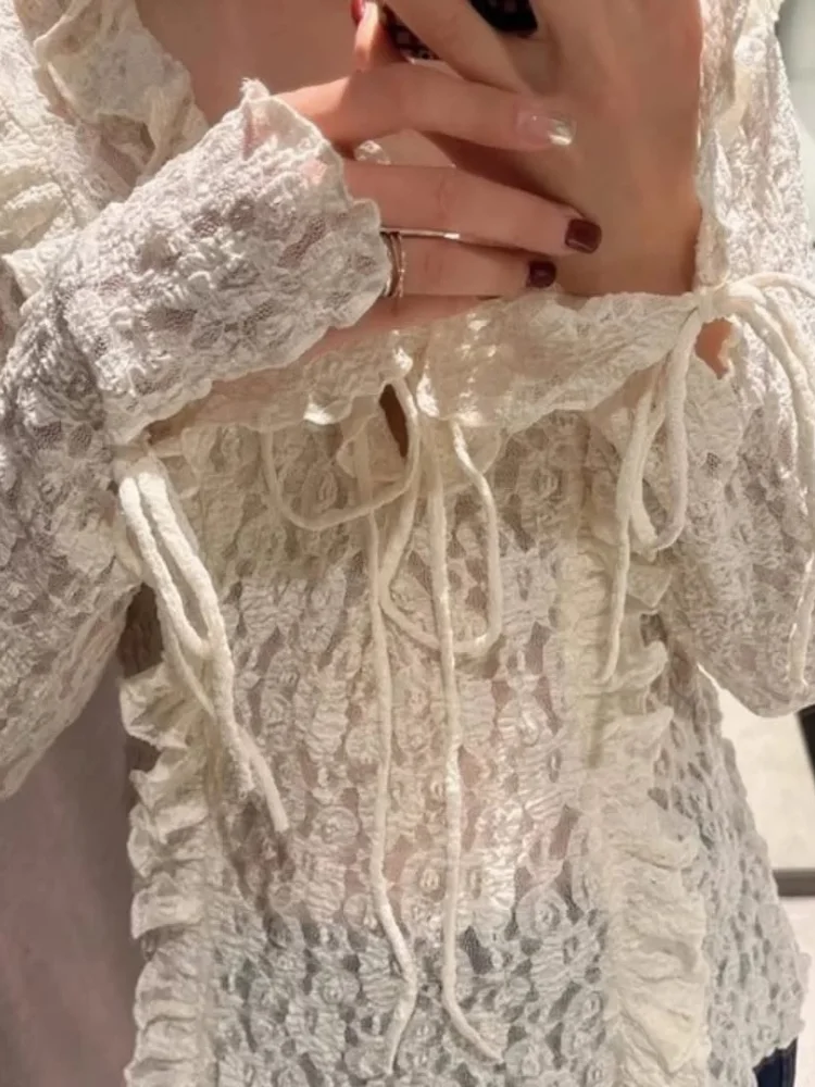 

Deep V Lace Ruffled Shirt Top Drawstring Strap Pleated Layered Lace Up Bow Mesh See Through Baggy Short Blouse Pullover Women