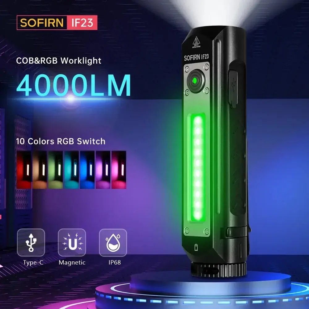 Sofirn IF23 Krachtig LED RGB-licht 4000lm zaklamp 21700 5V 3A USB C oplaadbare schijnwerper Spotlight-zaklamp met magnetisch