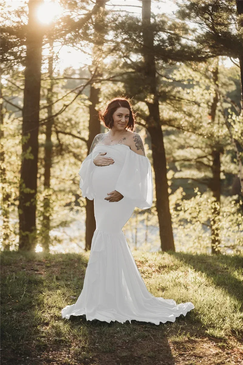 Vestido de maternidad sin hombros para mujer embarazada, maxivestido Sexy con volantes para sesión de fotos de embarazo, accesorios de fotografía, vestido de sirena