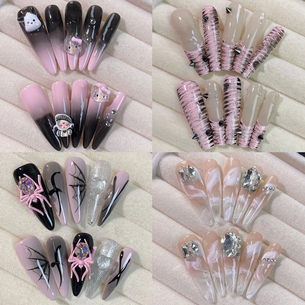 

Spicy Girl Pink Black Long Stiletto Coffin Handmade Press On Nails 3D Hello Kitty Spider Diamond Glitter Powder False Nails