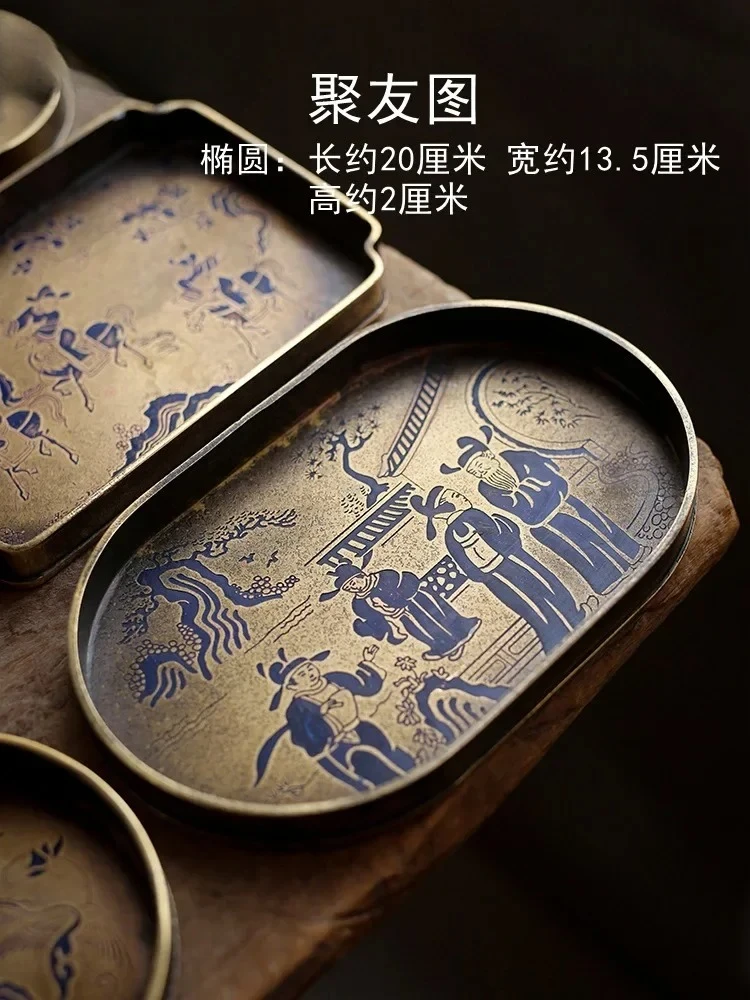 Tea Art Song Style Antique Pure Copper Painted Pot Tray Handmade Brass Pot Mat Copper Tea Tray Dry Teapot Platform Tea Table