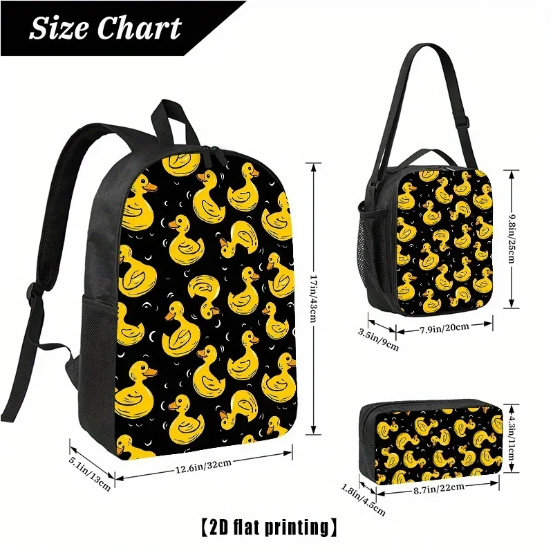 Custom Yellow Rubber Ducks Cartoon Ducks, 3pcs Backpack, Lunch Bag Pencil Case, 17inch Computer Backpack, Lightweight Hiking Bac
