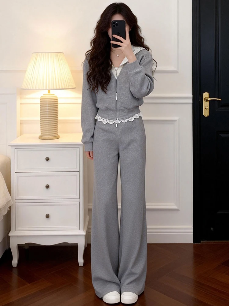 

Casual Lace Patchwork Hoodie Wide Leg Pants Two Piece Set Women's Faion Spring New Sle Breathable Polyester Fiber Zipper ...