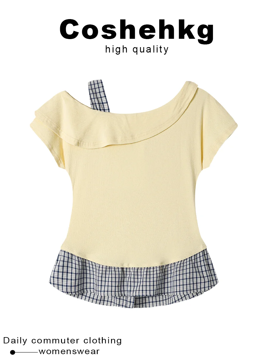 Coshehkg Summer Short Sleeve T-Shirt Women's Fashion Design Pleated Shoulder Bared Checkered Patchwork Slim Fit Commute Style
