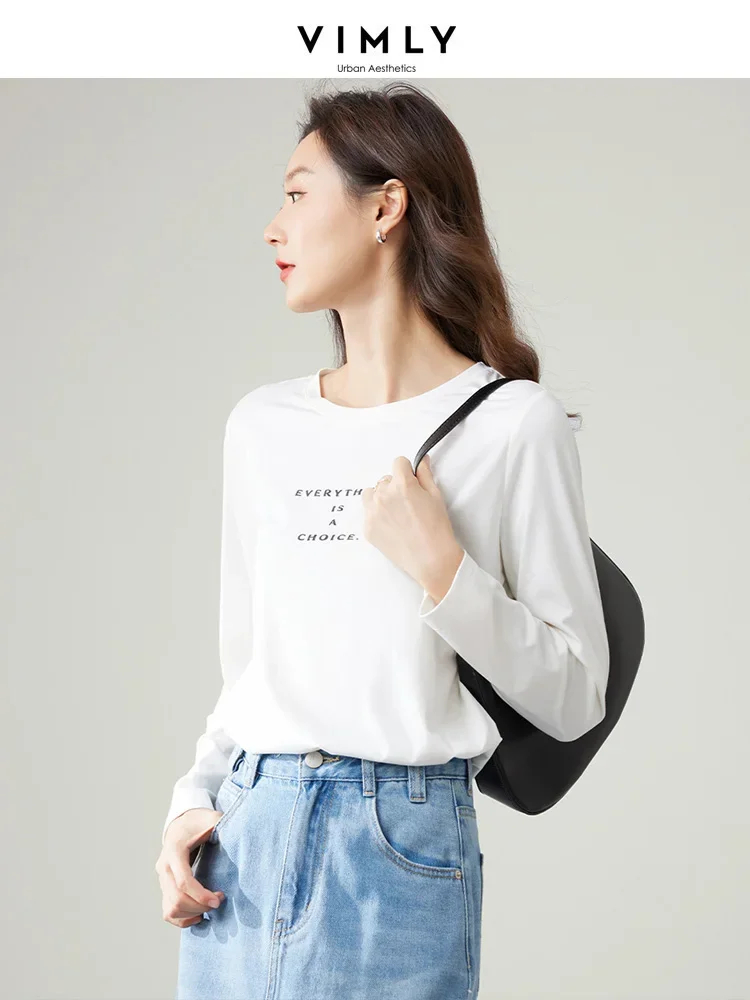 Vimly Basic Women\'s T-shirt 2023 Autumn Simple Letters Long Sleeve Tops Casual Loose Fit Round Neck Pullovers White Base Tees