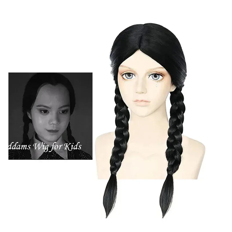 Peluca de Cosplay de Wednesday Addams, peluca sintética de doble trenzas negras de mar para Halloween, tocado, Cosplay de familia Adams, fibra resistente al calor