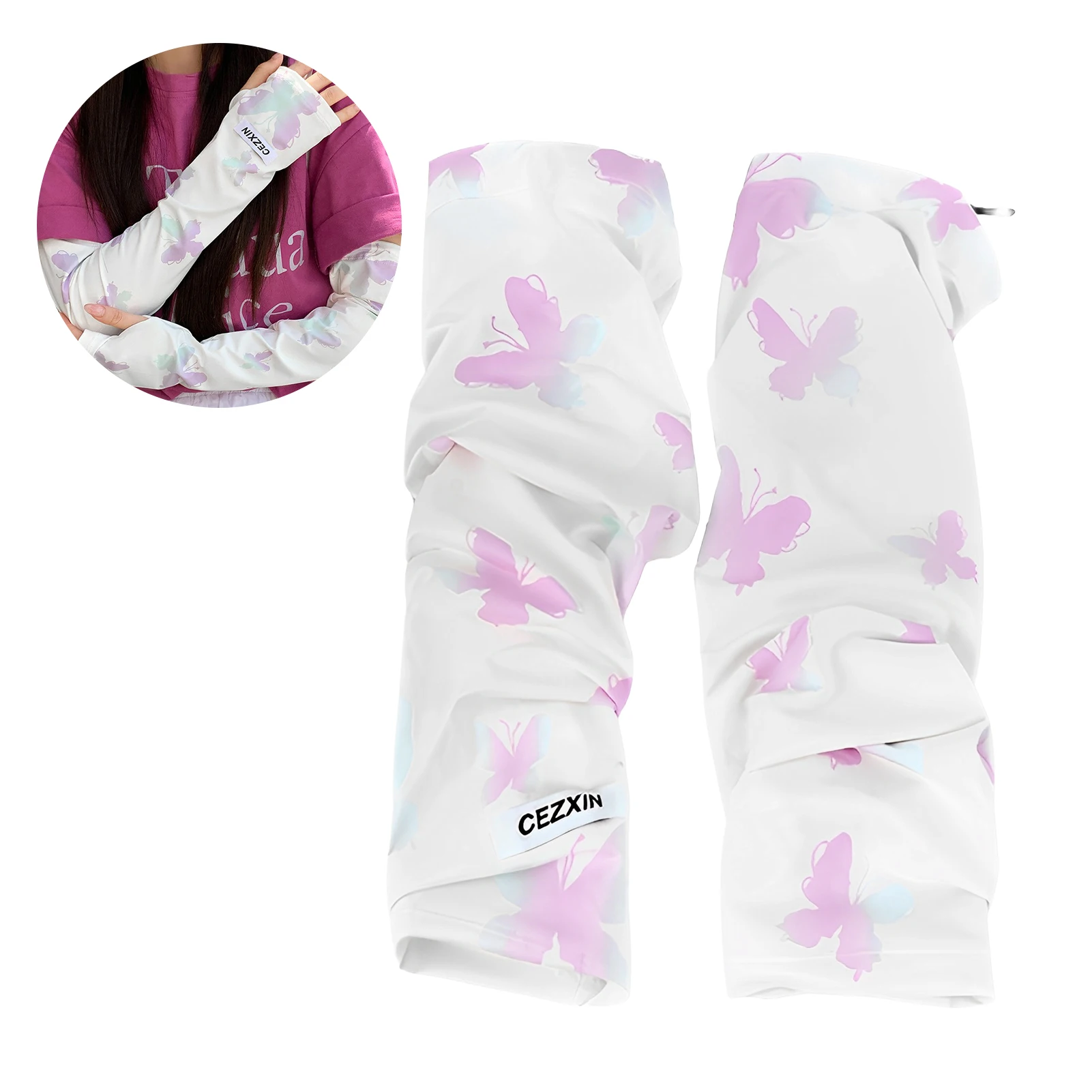 Summer Ice Silk Protection Arm Sleeves UPF50+ Breathable Butterfly Pattern Finger-Exposed Design for Fitness Hiking Climbing