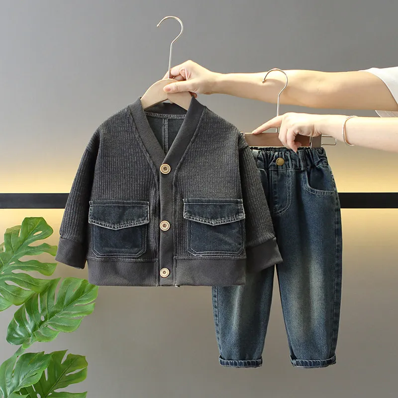 Children's Casual Suit High Quality Boy Knitted Cardigan + Jeans 2PCS Set Spring Autumn Kids Comfortable Outfit 2-10 Years