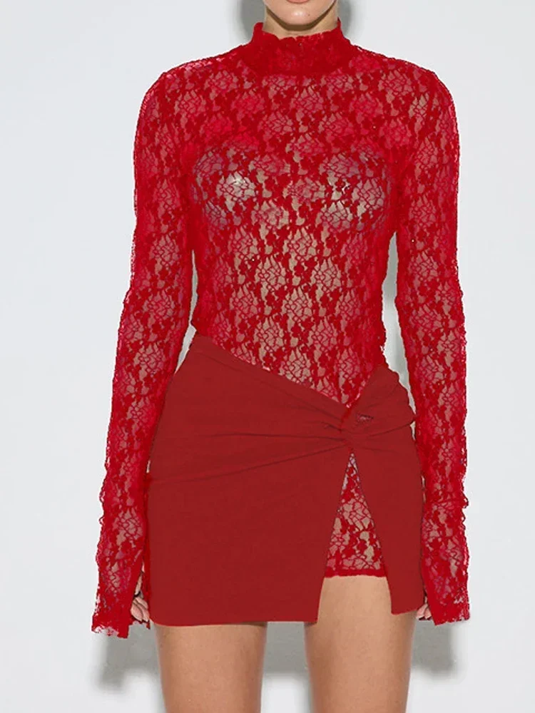 Sexy Sheer See Through Y2K Two Piece Woman Dress Sets 2025 Summer Fashion Ladies Long Sleeve Red Lace Dress and Mini Skirts Suit