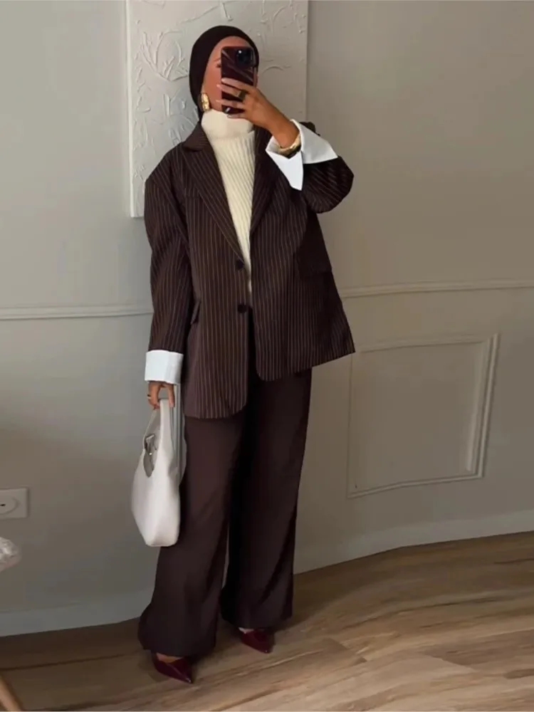 ファッションカジュアルストライプブレザーコート女性用ルーズ長袖ポケットショルダーパッドシングルブレストスーツアウターウェア2025新作秋