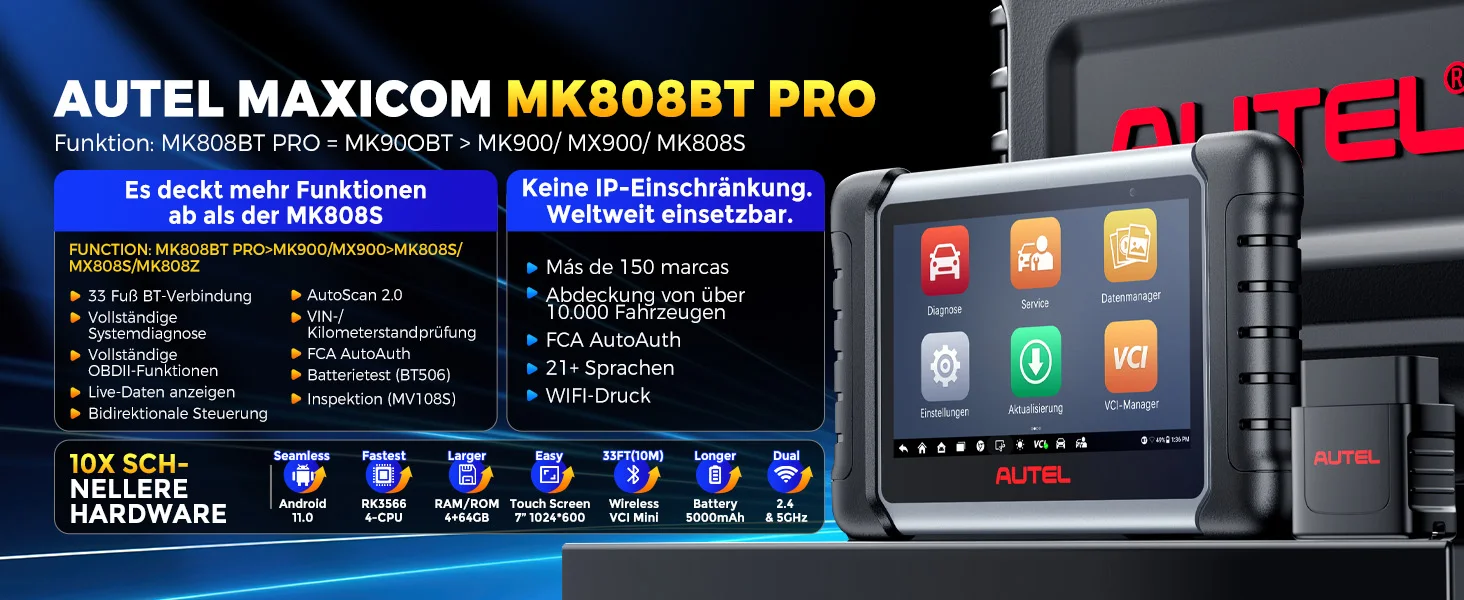 Autel MaxiCOM MK808BT PRO Kabelloses OBD2-Diagnosegerät, Kfz-Scanner, Diagnose aller Systeme, 3000+ Tests, PK MK900BT MK808S – Detail 1