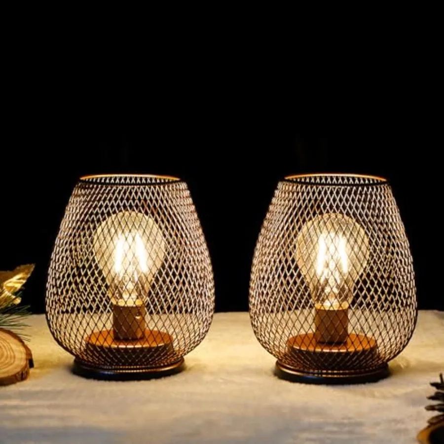 Set of Battery Operated Lamp LED Table Lantern Metal Cage Cordless Lamps with LED Bulb Vintage Decorative Outdoor Lantern for W