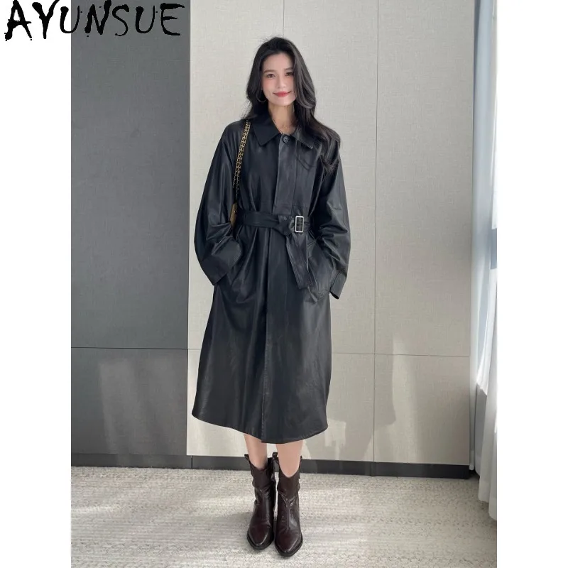 AYUNSUE 100% Sheepskin Real Leather Jacket Women Autumn Clothes Over Knee Trench Coat Woman Loose Fit Belt Vegetable Tanning