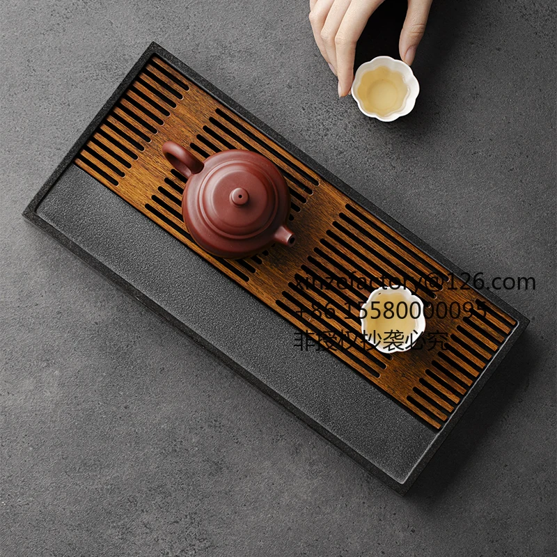 Factory Direct 2026 Top RatedGrass and wood temple, natural black gold stone tea tray, high-end light luxury household stone rec