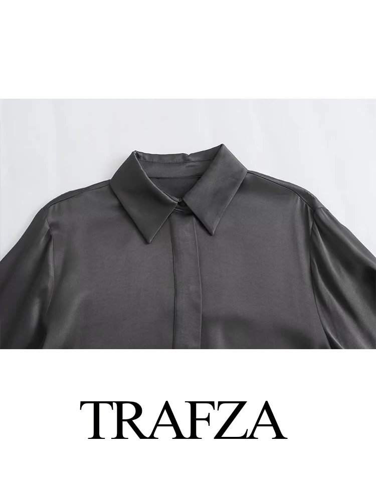 TRAFZA 2024 Fashion Women Lapel Hide Single-Breasted Long Sleeves Shirt Female Casual Chic Solid High-Waist Folds Mid-Calf Skirt