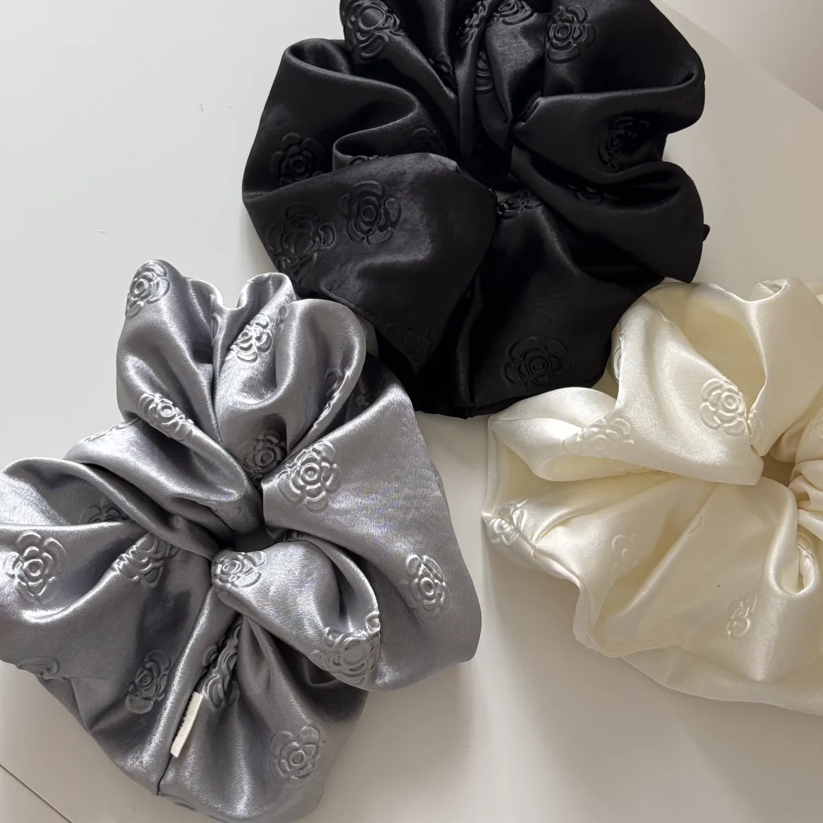 Scrunchie Satin Rose Embossed Print Smooth Fabric Hair Tie Women Vintage Chic Office Home Travel Comfortable Premium