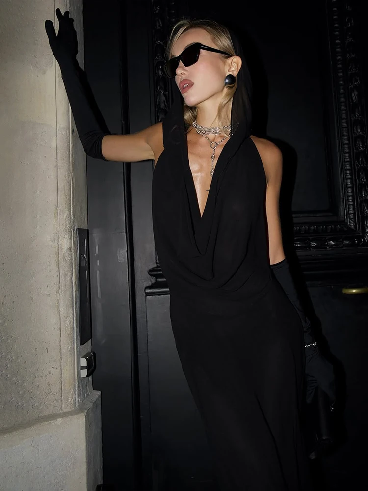 奇妙な膿のようなセクシーなフード付きドレス、女性用ノースリーブホルターネック、背中が開いたセクシーなスイングカラー、スキニー、休暇、宴会、プロム、パーティー、スリムなベスティドス