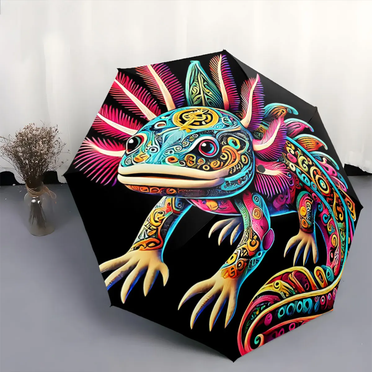 Colorful Aztec Axolotl Design on Black Background portable waterproof sun rain umbrella for outdoor travel beach