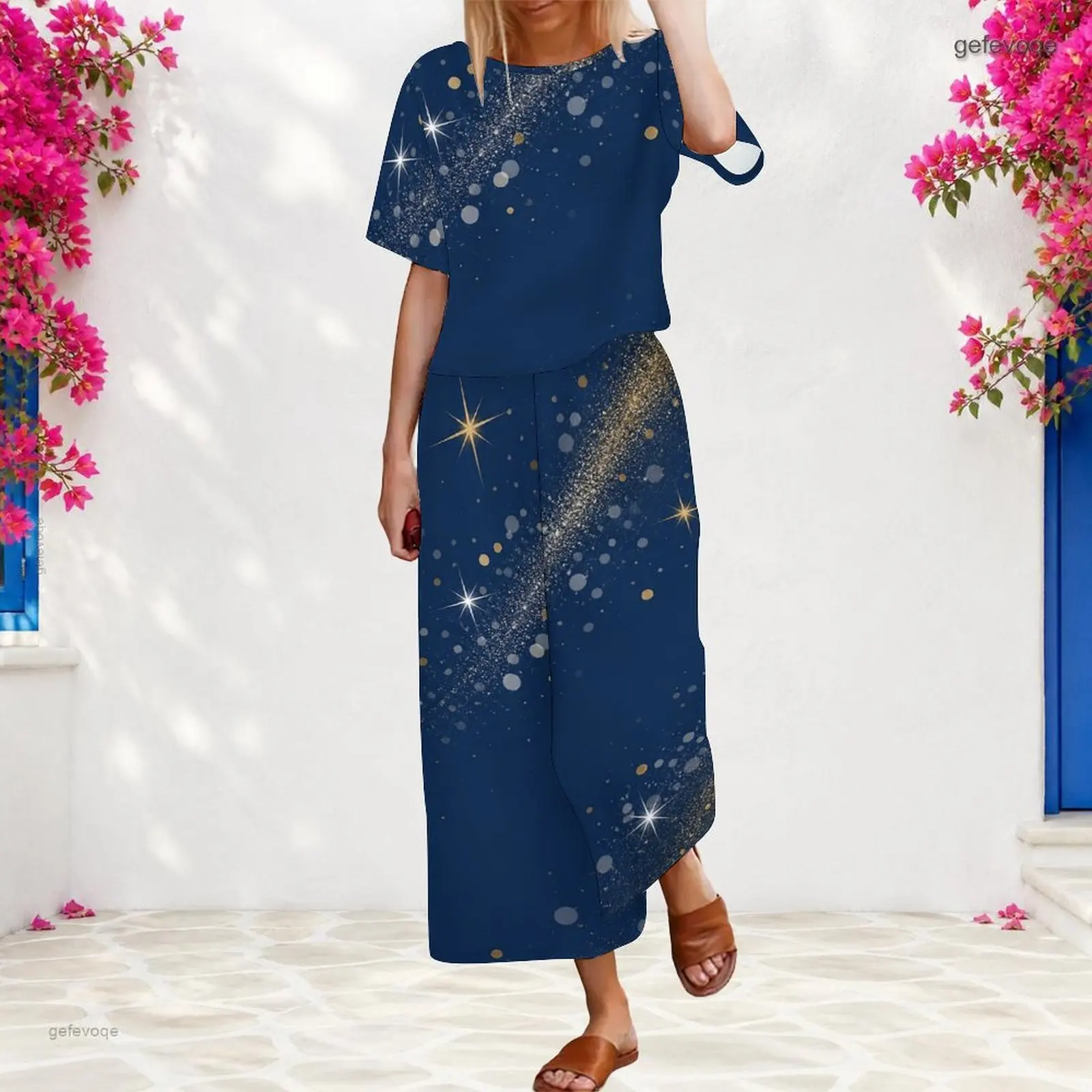 Women 2 Piece Outfit Round Neck Short Sleeve Top With Elastic Waist Wide Leg Pants Set Custom Print Ladies Casual Loungewear