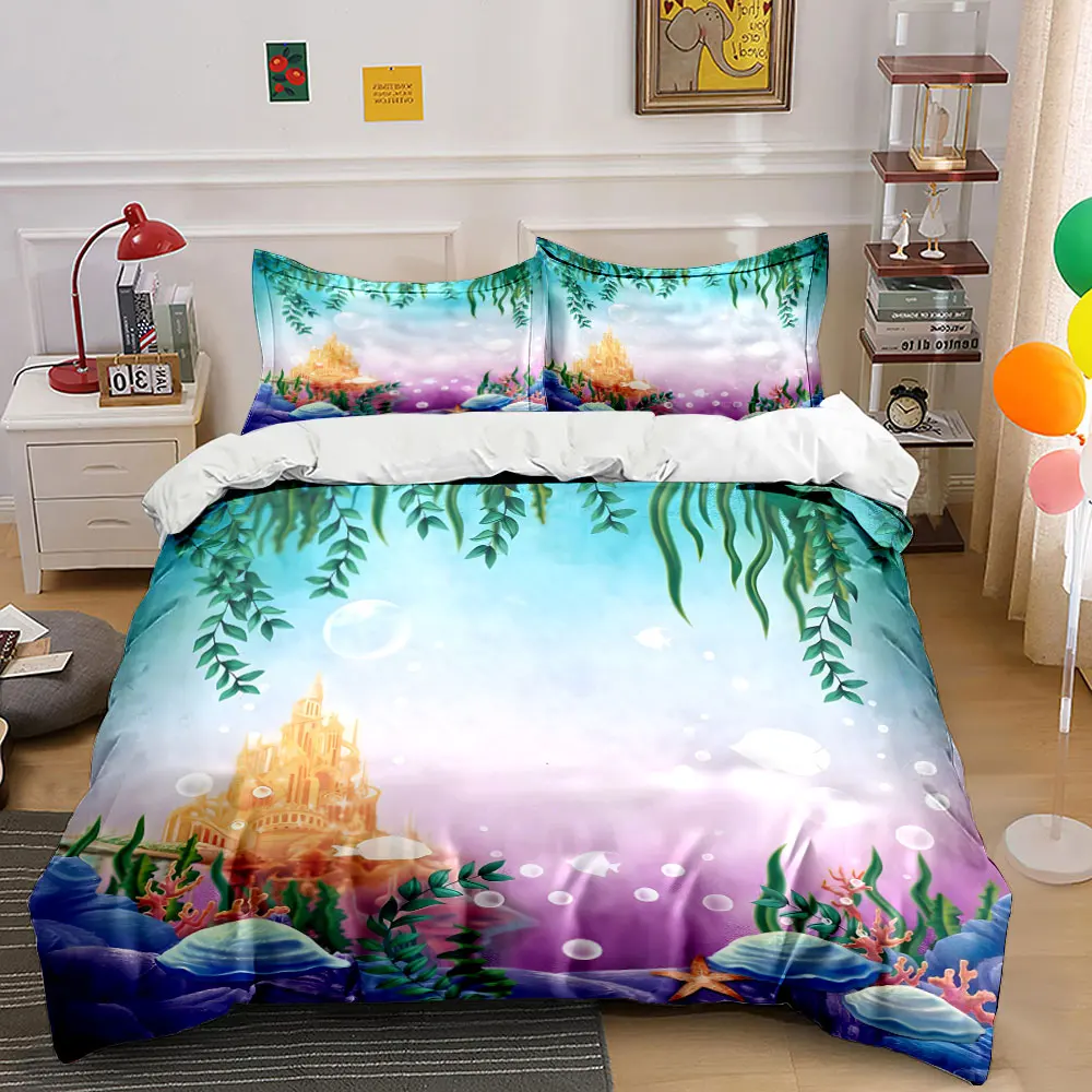 Underwater dreamy castle with fish Bedding Set for Kids Luxury Gift 3pcs Digital Print Comforter Set Soft Comfortable Breathable