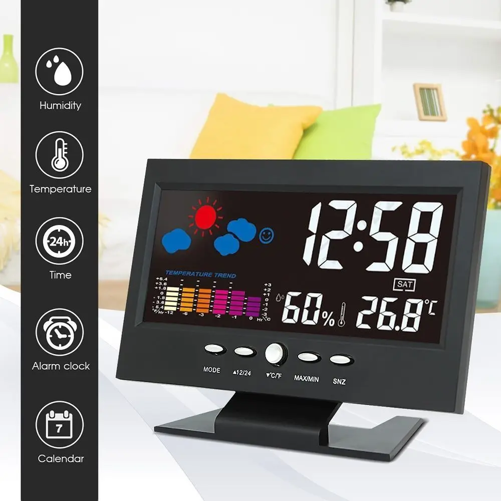 LCD Digital Backlight Snooze Alarm Clock Thermometer Weather Forecast Station Indoor Temperature Humidity Time Date Display