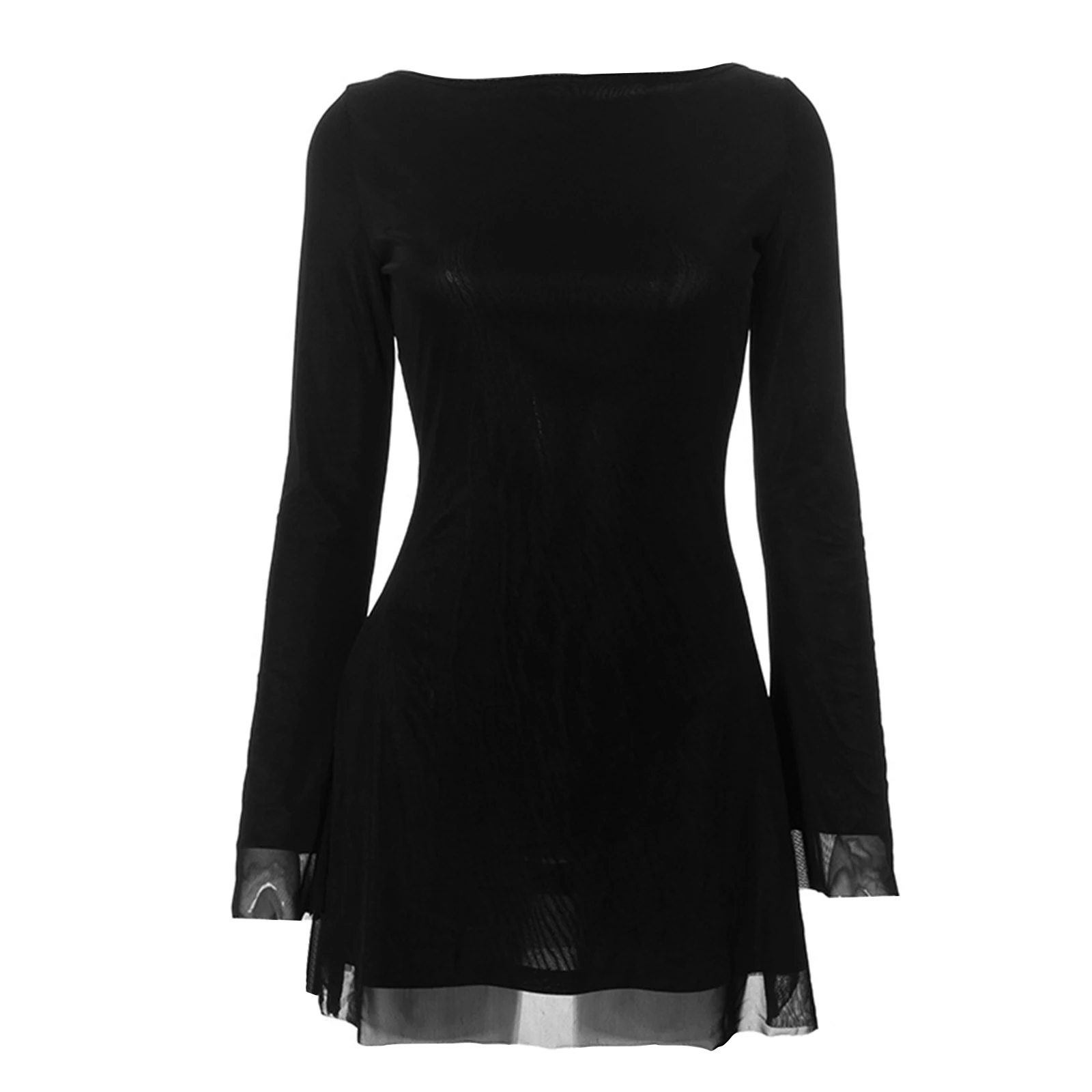 Mini vestido feminino de malha dupla camada, sólido, manga comprida, costas abertas, amarração, para festa diária, clube