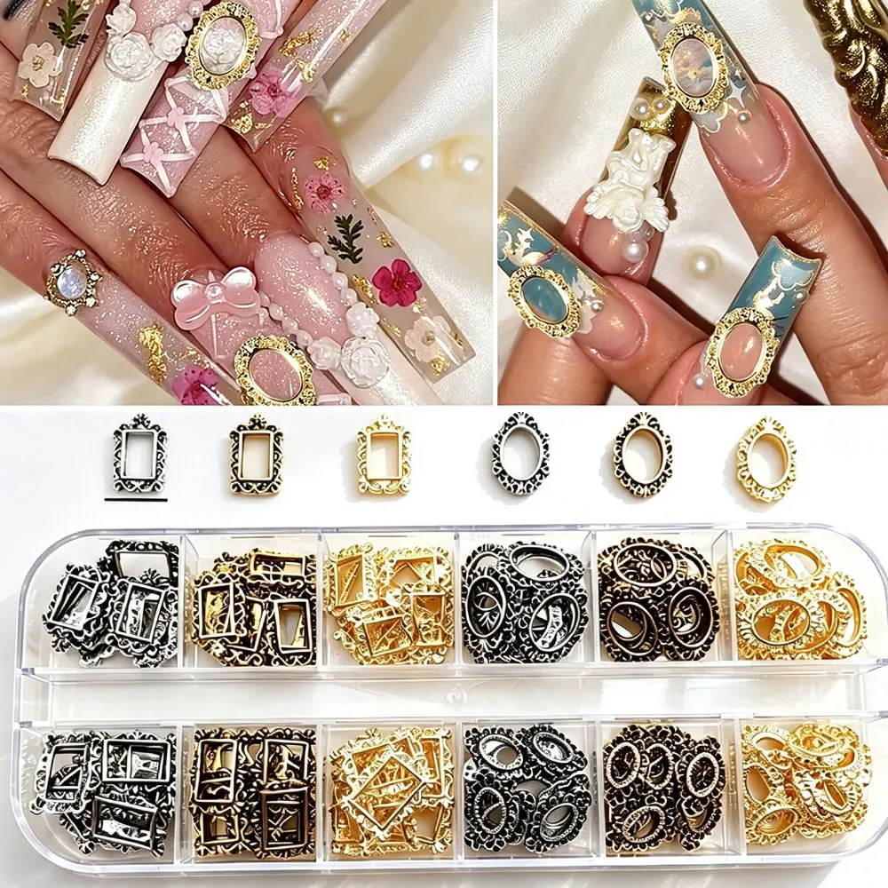 12grids 3D Luxury Retro Gold Silver Frame Nail Charms Metal Alloy Photo Frame Nail Gems Vintage Hollow Frame Nail Decoration D#4