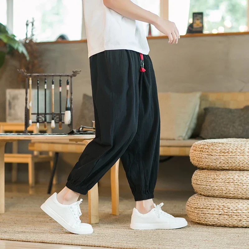 Japanese Large Size Cotton Linen Loose Harem Pants Men\'s Street Jogging Pants Men\'s Ninth Sports Pants and Ankle Men\'s Trousers