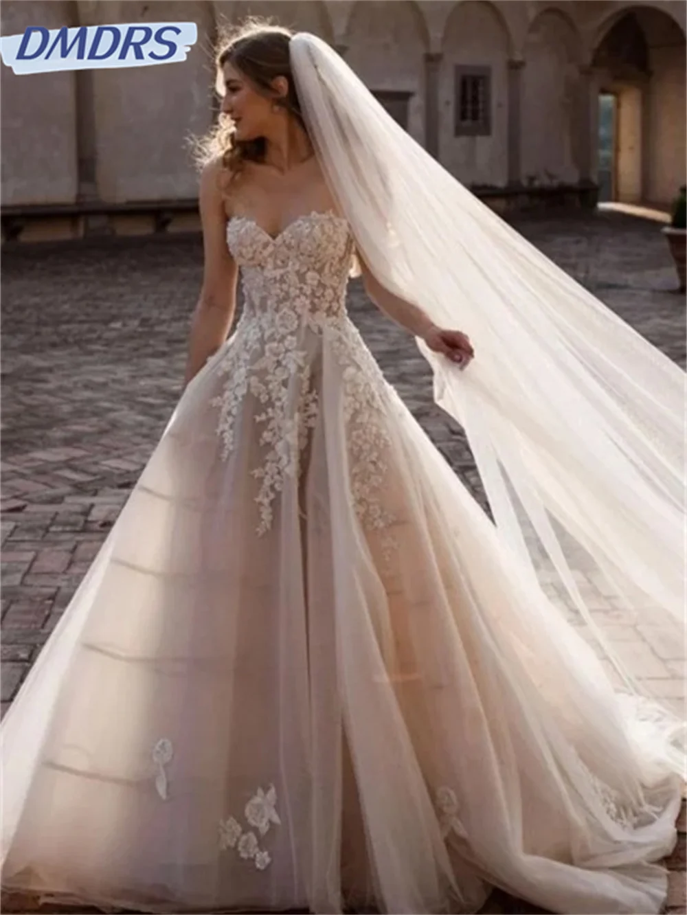 

Elegant Strapless Bridal Dress 2024 Charming Tulle Wedding Dress Romantic A-Line Floor-length Dress Vestidos De Novia