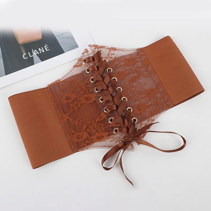 نسخة واسعة عصرية من الدانتيل الشفاف حزام الخصر الخصر ختم المرأة فستان متعدد الاستخدامات مزين بخصر مطاطي من الدانتيل