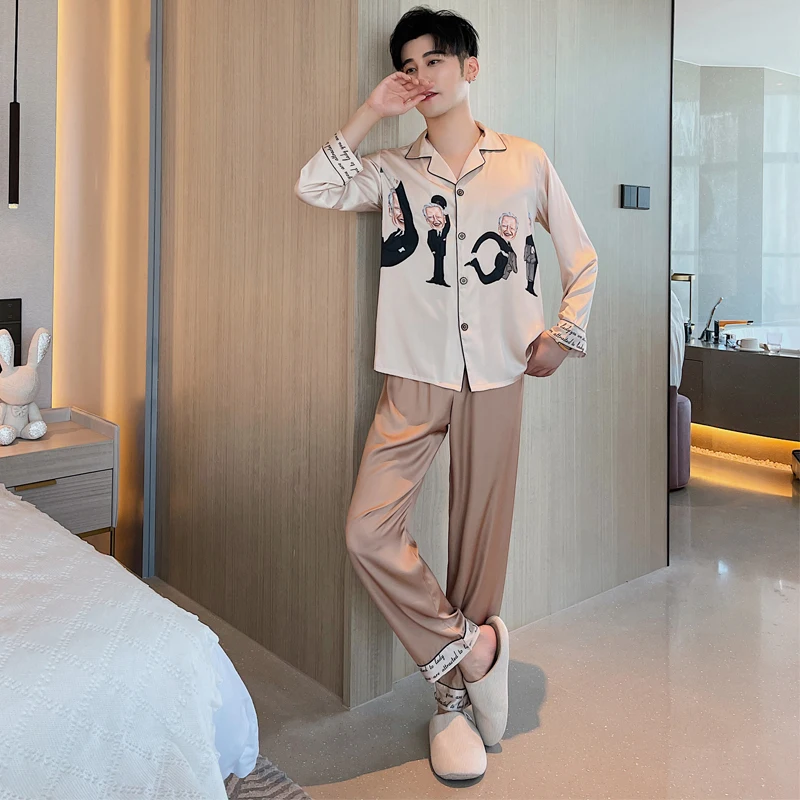 2021 Couples family pajamas women long sleeve open button sleepwear  ice silk suit  Men silk Pajamas