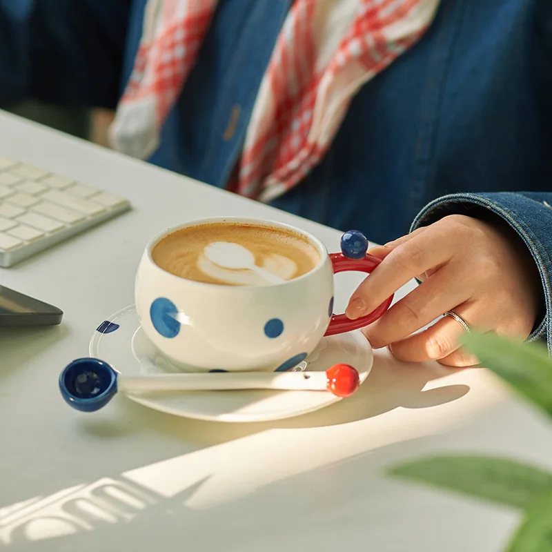 290ml Ceramic Coffee Cup Plate Set With Spoon Round Dot Design Home Latte Cup And Saucer Sets High Beauty Afternoon Tea Cup Dish