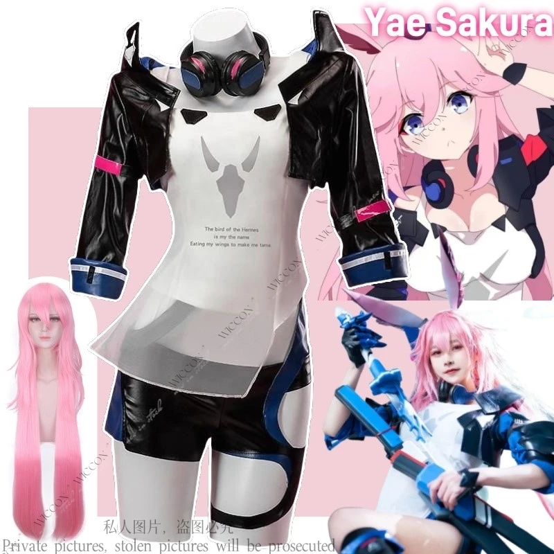 Yae Sakura Cosplay Costume Game Honkai Impact 3 Uniform Earphones Ears Stockings Halloween Girls Wig Pink Halloween Party