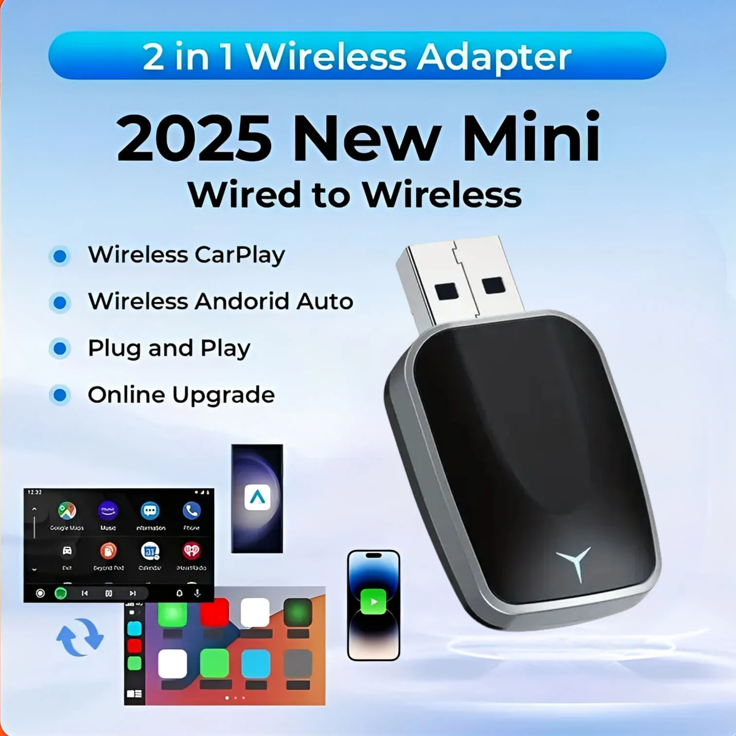 

Беспроводной адаптер Carplay Android Auto, USB-накопитель, поддержка Airplay Mirror Screen, Android, черный/белый