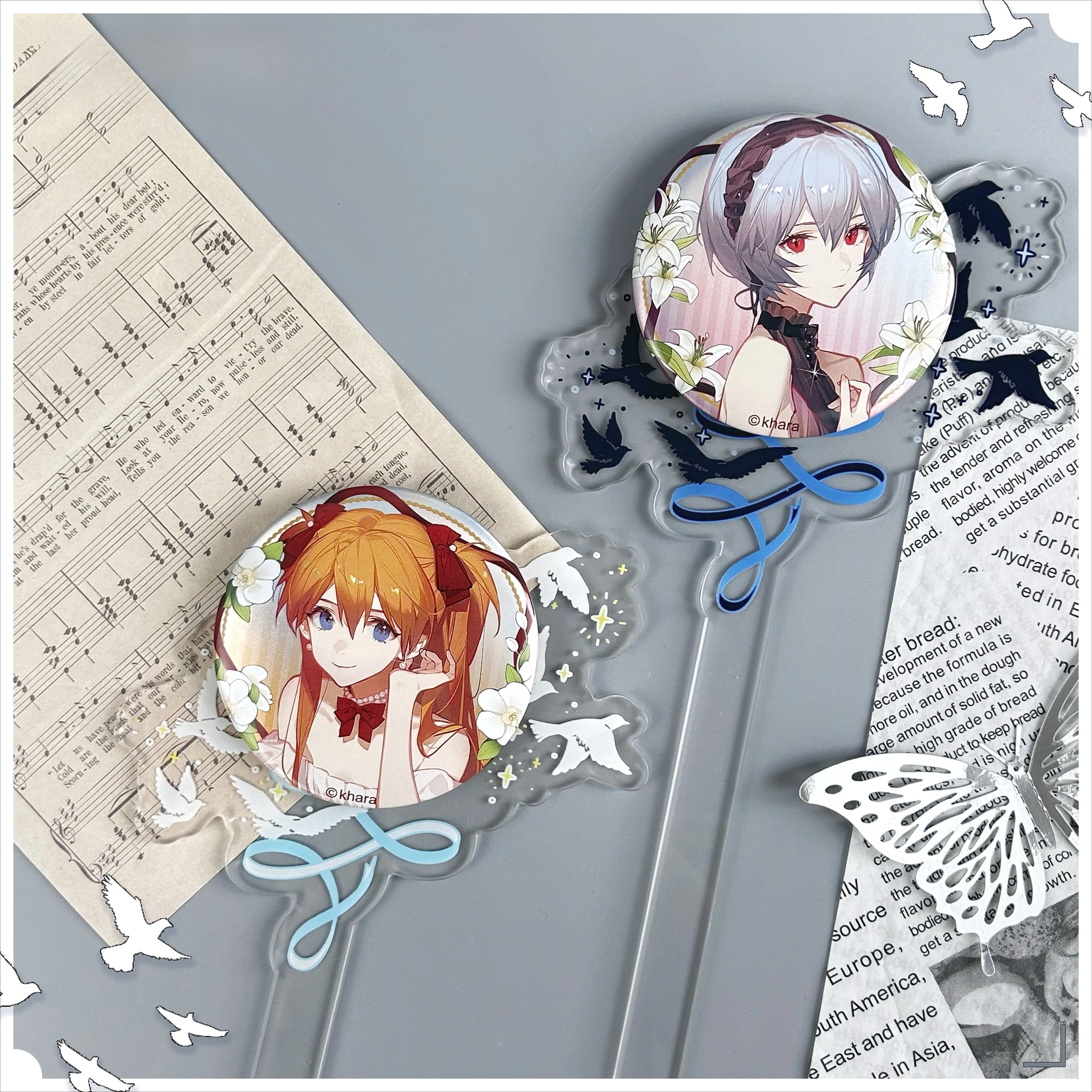 Flying Bird Ribbon Series 23cm Photo Prop Stick, Magnetic Acrylic Badge Display Holder with Detachable Base, for Layout Decor