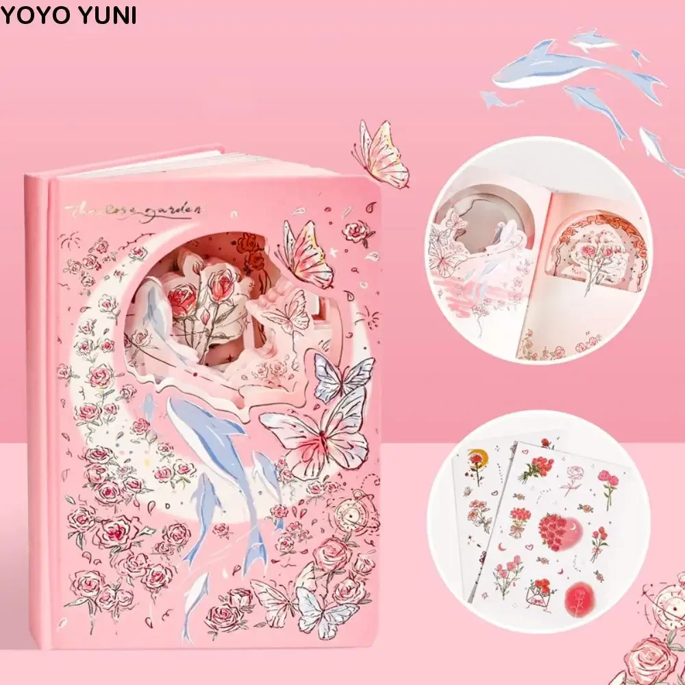 Rose Style Exquisite Diary Notebook Alien Hollow Out Color Pages Retro Rose Notebook Multi Layer Portable Romantic Diary Planner