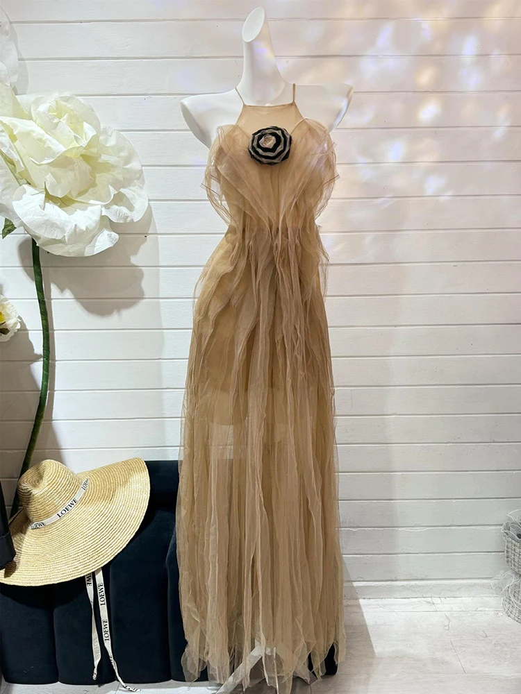 Sexy O Neck Short Seeve Colorblock Flower Long Dress Summer Women Mesh Patchwork Tassel Slim Dresses Evening Party Cocktail Gown