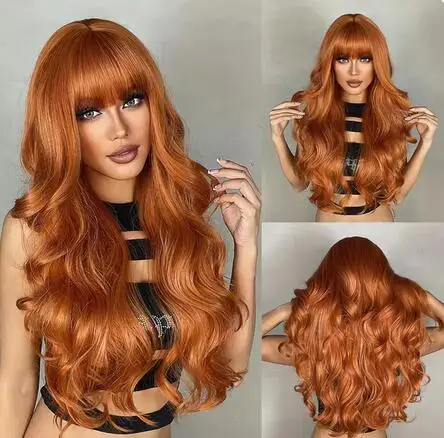 

Ginger Orange Synthetic Wigs for Black Women Long Wavy Wigs with Bangs Cosplay Colored Hair Heat Resistant Body Wave Party Wig