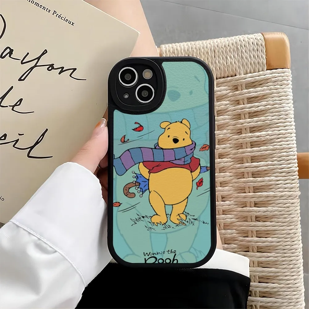 Winnie The Pooh Phone Case Leather For IPhone 15 14 11 13 12 Pro Max Mini X Xr 8 Plus SE2020 Black Soft Silicone Texture Cover