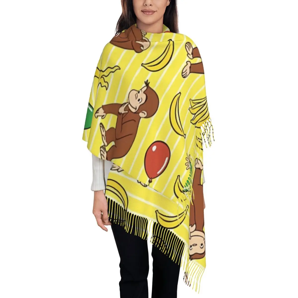 

Женские большие мультяшные любопытные Джордж, забавные ТВ-обезьянки, аниме, шарфы, женские зимне-осенние мягкие теплые шаль с кисточками, шарф