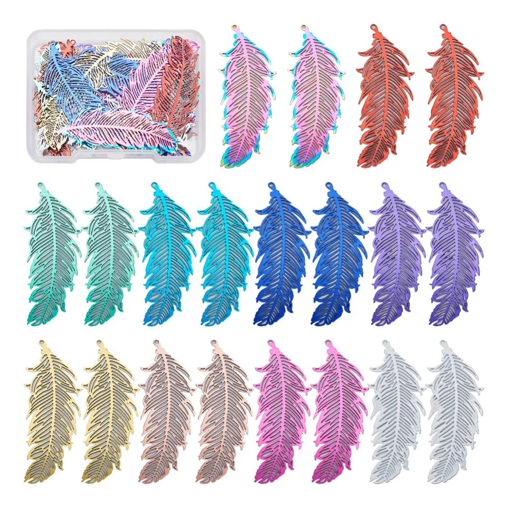 1Box 201 Stainless Steel Filigree Feather Charm Pendants Etched Metal Embellishments For DIY Earring Necklace Jewelry Making