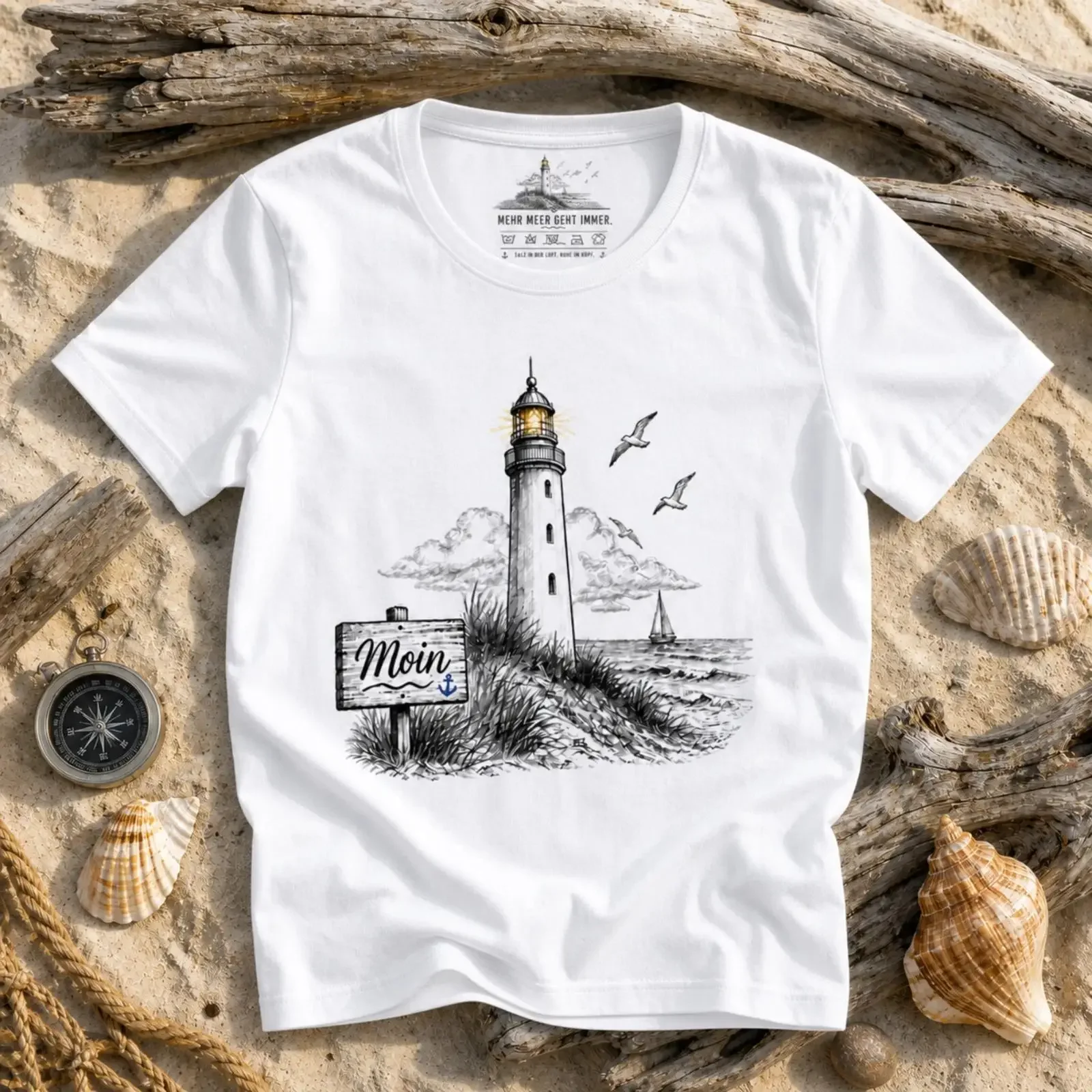 Camiseta Moin Leuchtturm Maritim Nordsee Ostsee Premium con Estampado Vintage, Lavada, Ligeramente Elástica, Transpirable