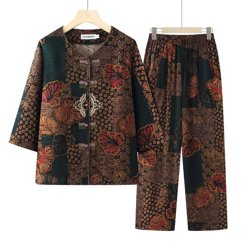 

Elderly Women 2Pcs Set Floral Print 3/4 Sleeve Blouse and Elastic Waist Pants Summer Casual Outfit for Grandma