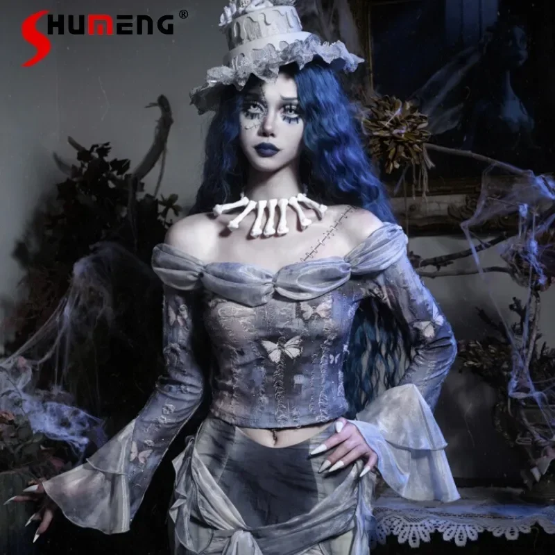 

Long Sleeves T-shirt Chic Popular Halloween Goth Butterfly European Style Ripped Collar Bottoming Top Tees Vintage Clothes Women