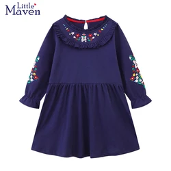 Little maven Baby Girls Long Sleeves Dress Flowers Appliques Cotton Children Casual Clothes Navy Blue Solid Spring Kids Dresses