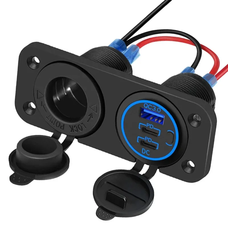 12V USB Auto-Steckdosenpanel Quick Charge 3.0 20W Dual PD USB-C Anschluss Zigarettenanzünder-Adapter für Auto Boot Wohnmobil Motorrad