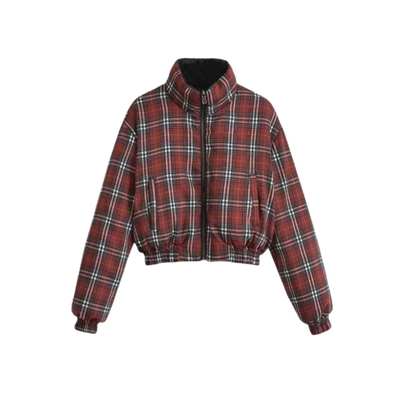 

Женская двусторонняя клетчатая хлопковая куртка в американском стиле ретро, свободная утягивающая верхняя одежда с короткой талией на зиму, модный повседневный стиль