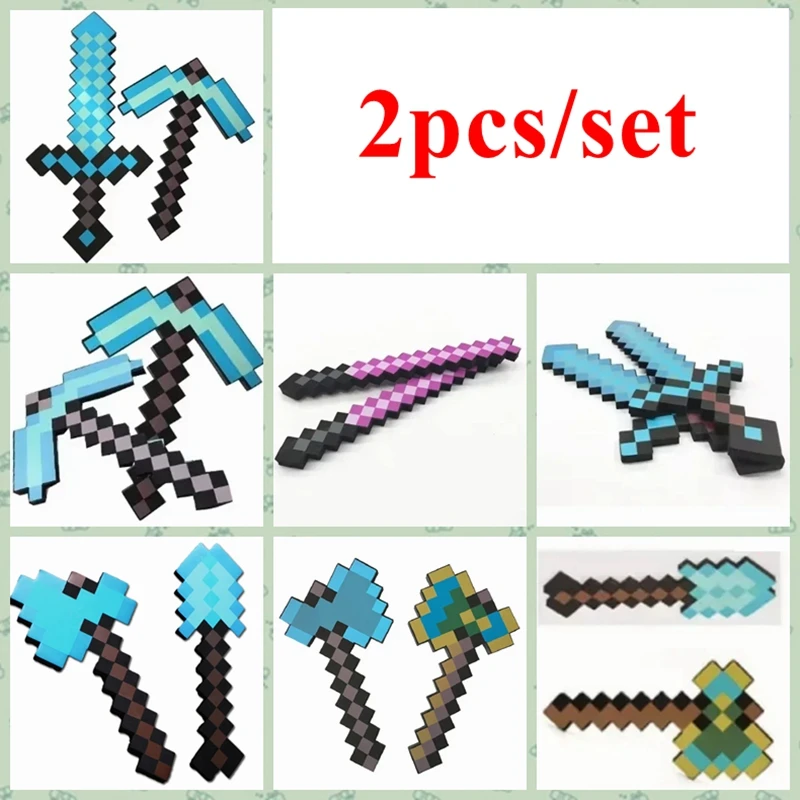 2 unids/set diseño espada de diamante azul juguete de espuma EVA suave Minecrafte hacha pala Kits de juguete para niños Fans regalos de cumpleaños